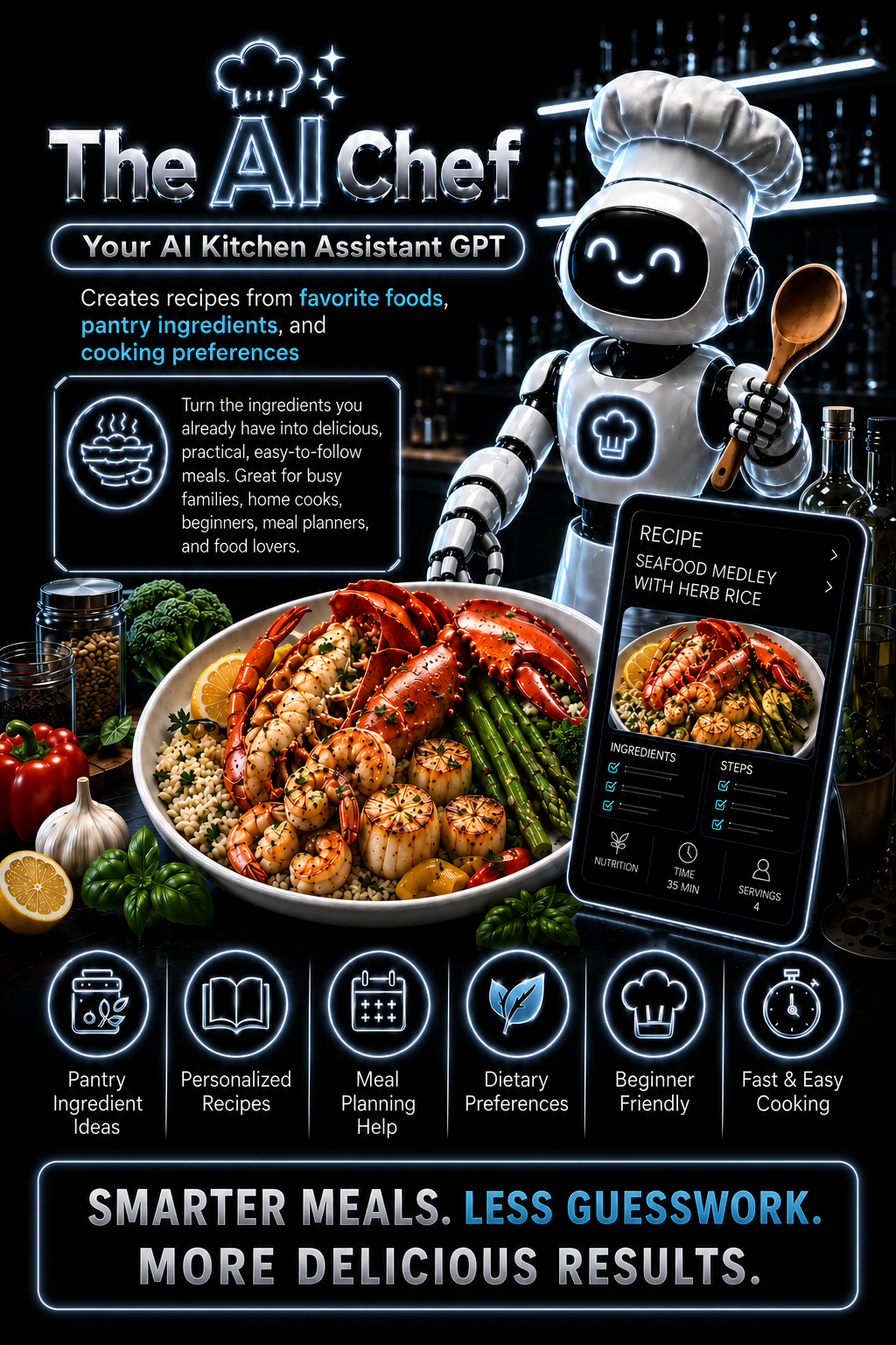 The AI Chef GPT product review image with lobster, shrimp, seafood, AI kitchen assistant support, recipe planning, and meal preparation ideas